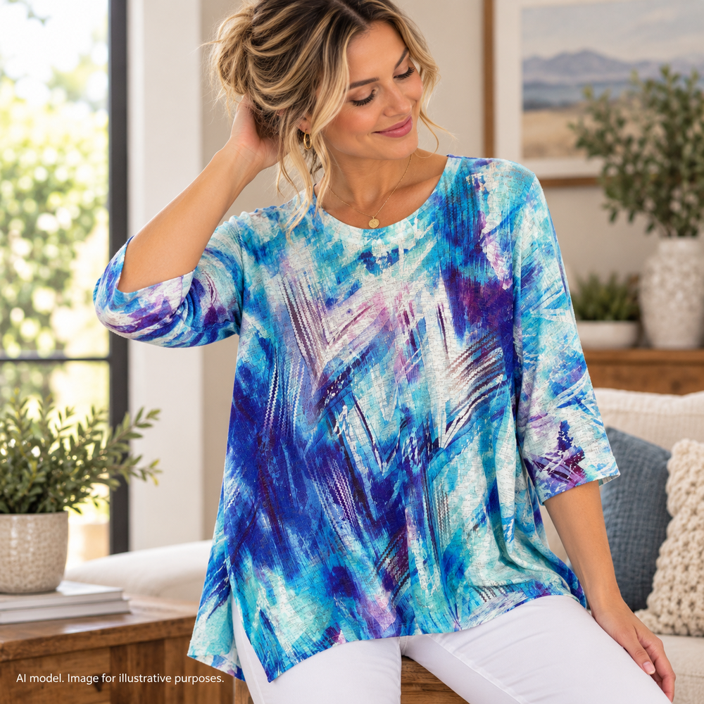 Jess Jane Shirt Women Small Blue Abstract Art to Wear Textured Batwing Made USA